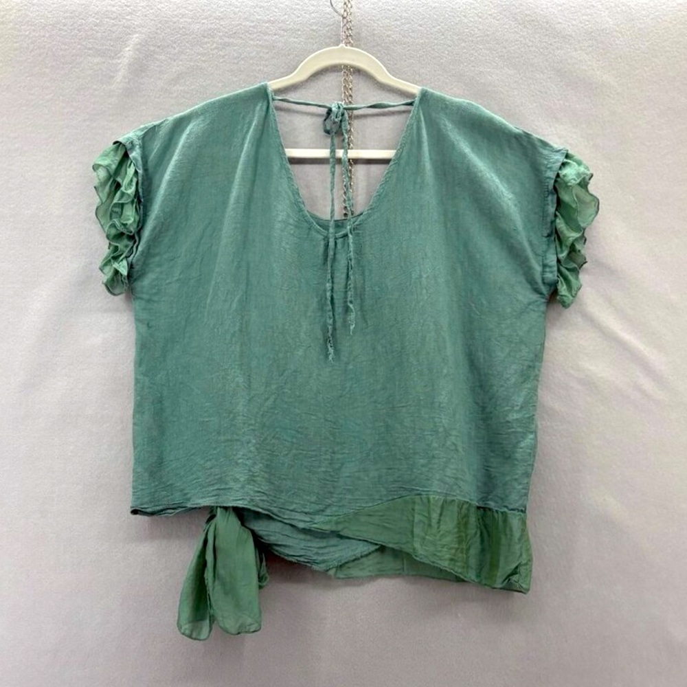 Belle France Linen/Silk Tie Blouse Large emerald jade Lagenlook Artsy Italy - Picture 8 of 11